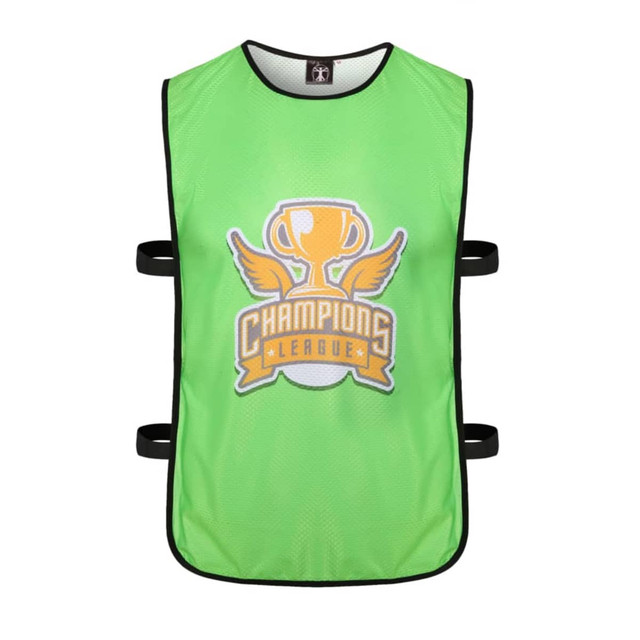 A green mesh vest with black trim and a logo featuring a trophy and wings. It has adjustable straps on the sides.