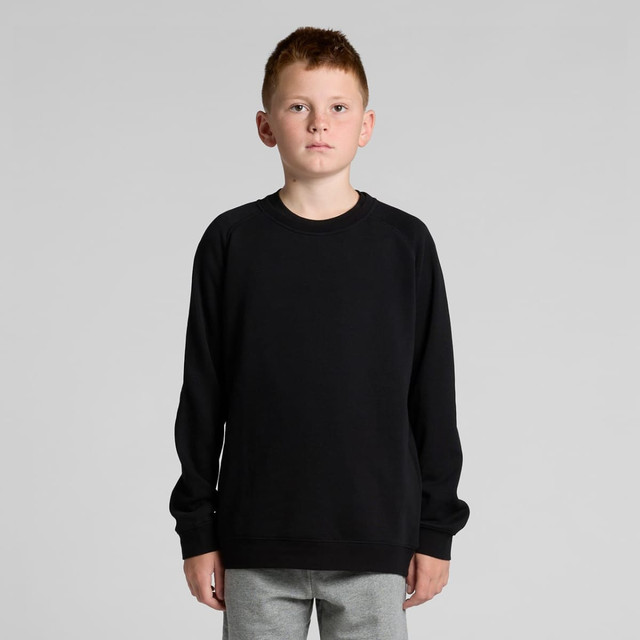 A black jumper sweater for youth, featuring a classic design and a relaxed fit. It has a branding logo.