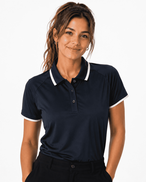 A navy polo shirt with a white collar and sleeve details, featuring a logo on the left side.