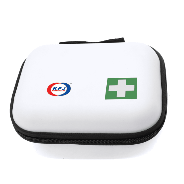 A white compact first aid kit with a green cross and logo, featuring a zippered closure.