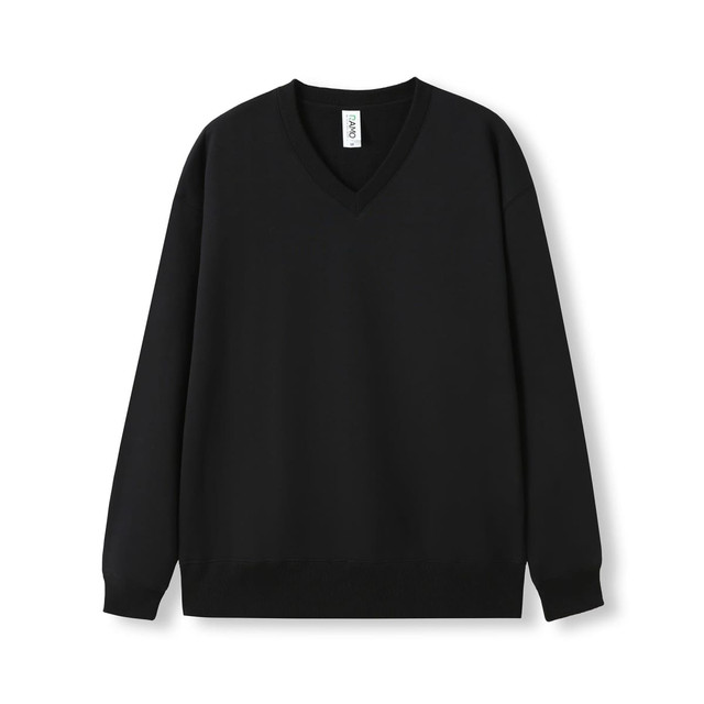 A black unisex V-neck fleece jumper with long sleeves and ribbed cuffs, featuring a branding tag.