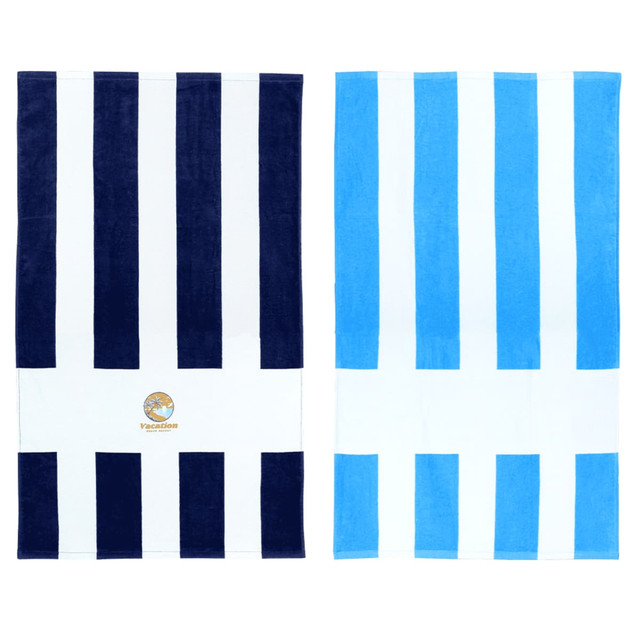 Two striped beach towels, one in navy and white, the other in light blue and white, each featuring a logo.