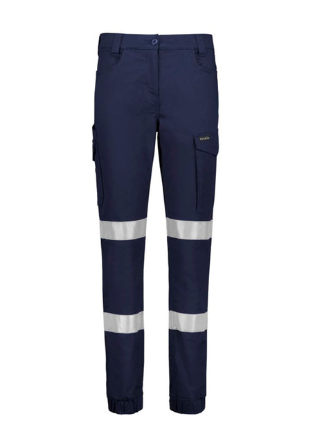Navy cargo pants with cuffed hems and reflective stripes, featuring pockets and a logo.
