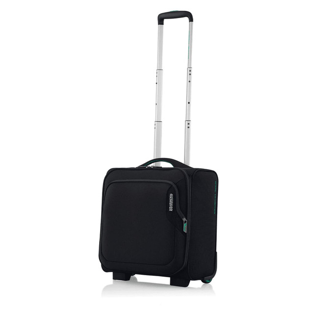 A black wheeled underseater suitcase with a retractable handle and a logo.