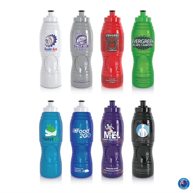 A drink bottle collection featuring various colours including white, grey, red, green, blue, and purple, with logos.