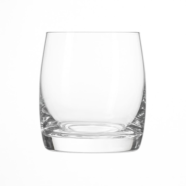 A set of six clear glass tumblers with a double old fashioned design, elegantly displayed in a gift box.
