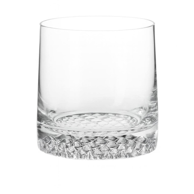 A drink tumbler with a textured clear glass base and smooth upper section. It has a simplistic, elegant design.