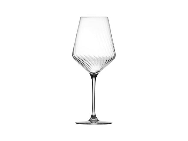 A set of six elegant clear wine glasses with a unique textured design, each holding 550ML, in a gift box.