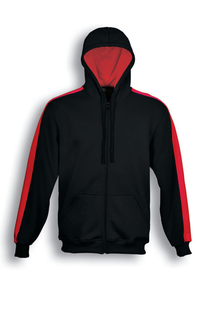 A black unisex zip-through hoodie with red contrasting sleeves and an inner hood. It features a kangaroo pocket and a logo.