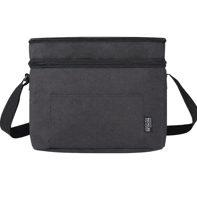 A dark grey double compartment cooler bag with a shoulder strap and a front pocket. It features a logo.