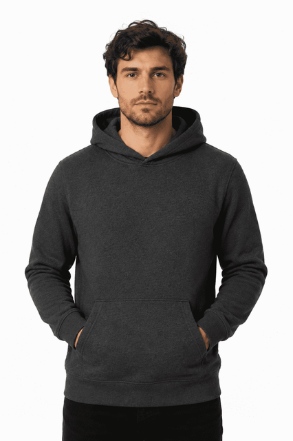 A dark grey men's hoodie with a kangaroo pocket and a hood. It features a logo.