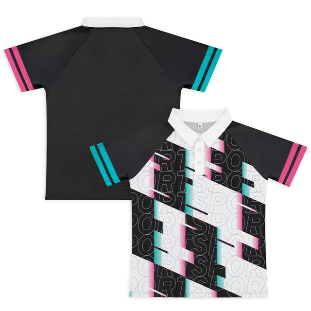 A custom women's active polo in black, white, and pink with a modern geometric design and logo.