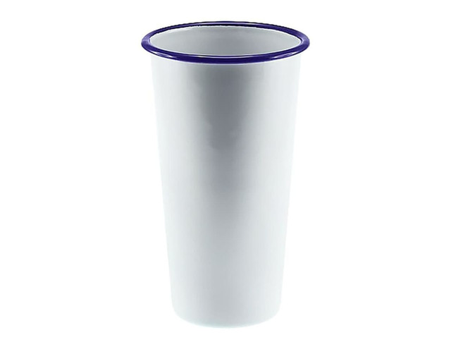 A white enamel tumbler with a blue rim, measuring 775ml and 10cm tall. Features a simple design.