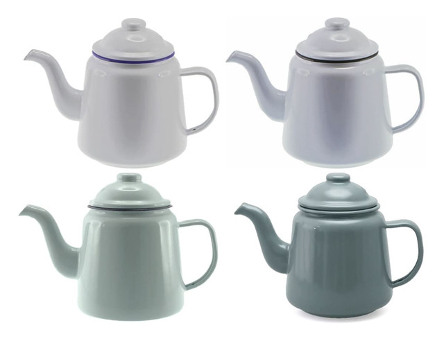 A teapot set featuring four enamel designs in white and shades of green, each with a distinct handle and spout.