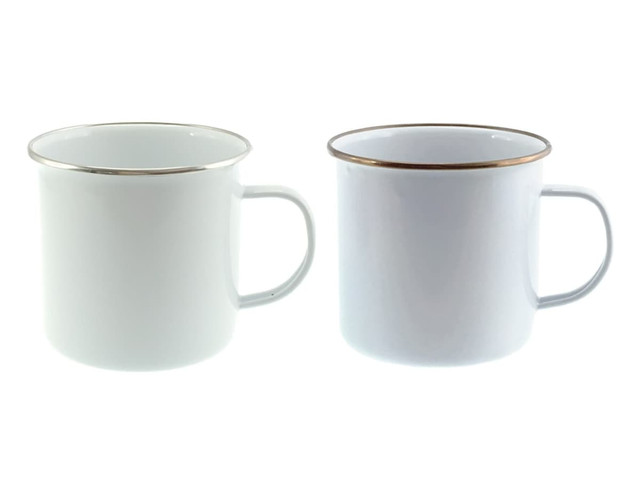 Two rimmed enamel mugs, one white and one light blue, both featuring a gold trim and a handle.
