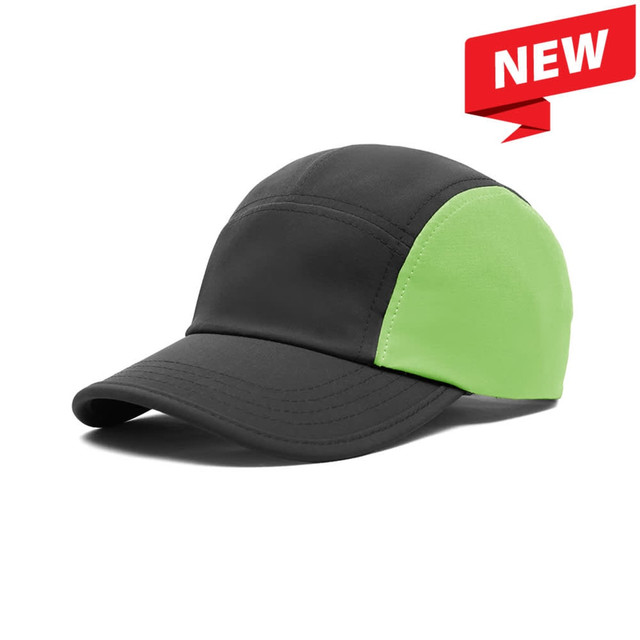A 6-panel cap featuring a black design with a bright green side portion. It has a logo on the front.
