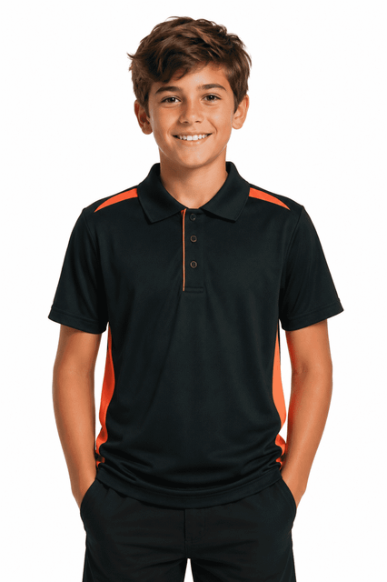 A black polo shirt with orange accents, worn by a smiling child. The shirt has a collar and buttons.