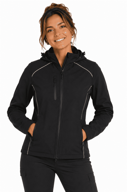 A soft shell jacket in black, featuring a zippered front and a hood, displayed on a model.