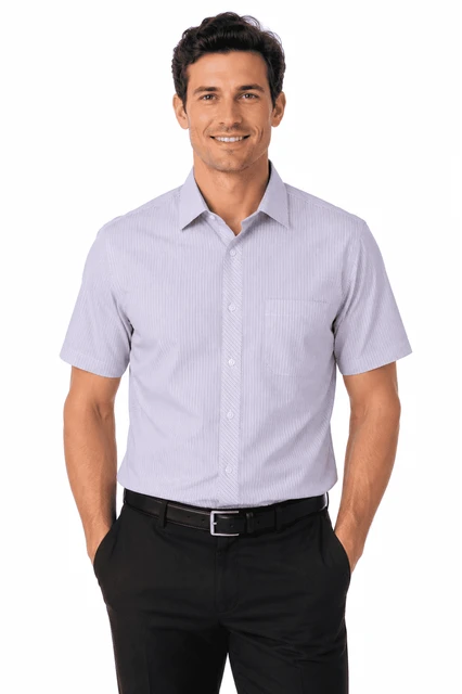 A short sleeve men's shirt in light purple, featuring a button front and a chest pocket, with a logo.