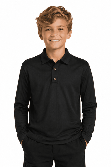 A black long-sleeve polo shirt for kids, featuring a collar and buttons, with a model smiling.