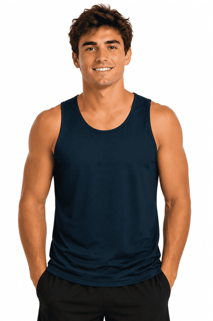 A male model wearing a navy blue singlet, showcasing a casual and comfortable design. The product features a logo.