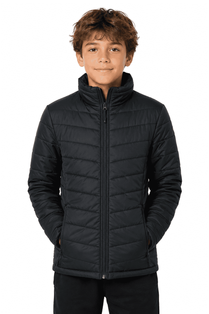 A black BULLER KIDS JACKET featuring a zip front and padded design, modelled by a child.