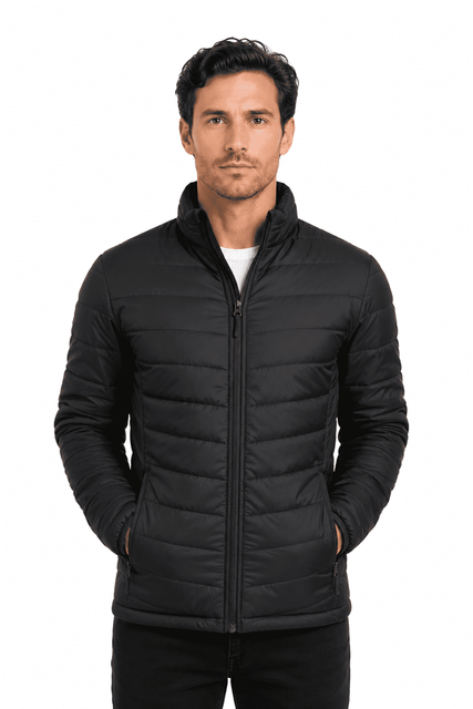 A black men's jacket with a zippered front and side pockets, featuring a puffy design and a logo.