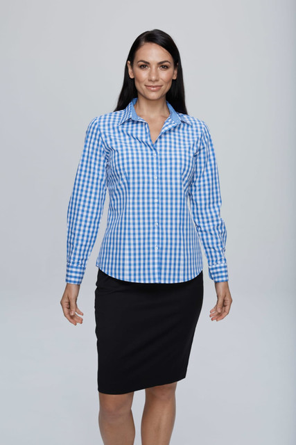 A button-up shirt featuring a blue and white checkered pattern, paired with a black skirt. Includes branding.