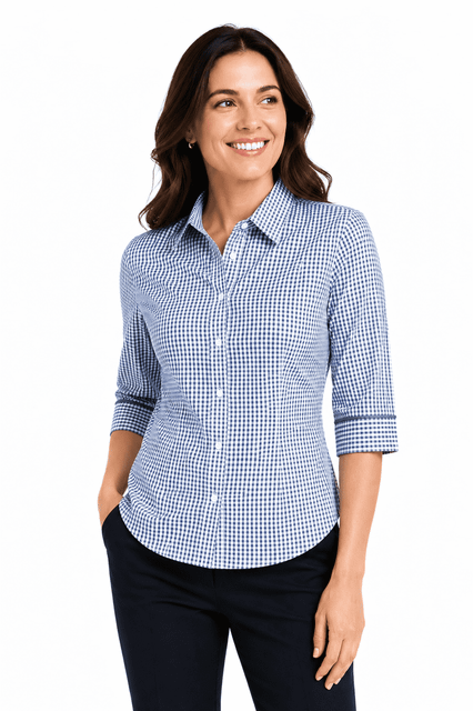 A button-up shirt featuring blue and white gingham checks with 3/4 sleeves, displayed on a model.