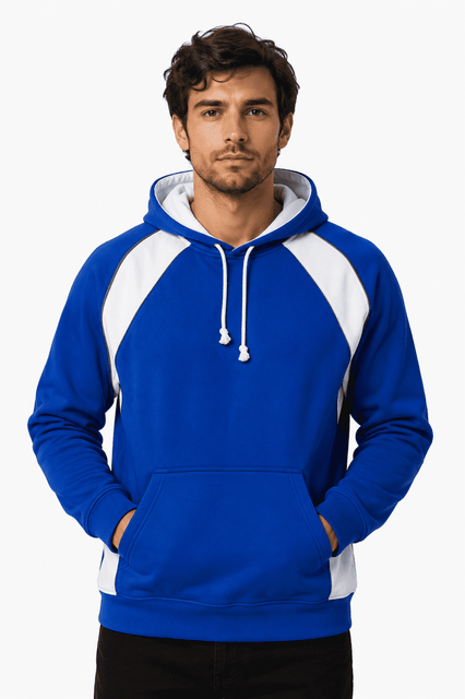 A blue hoodie with white accents and a front pocket, featuring a drawstring hood and a logo.