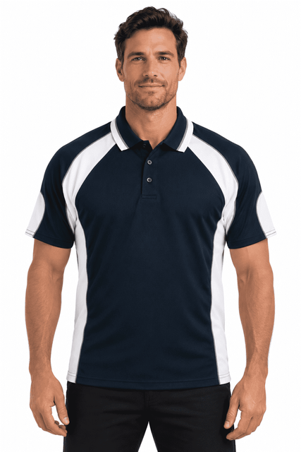 A navy blue polo shirt with white accents and a branding logo, featuring a classic collar and short sleeves.