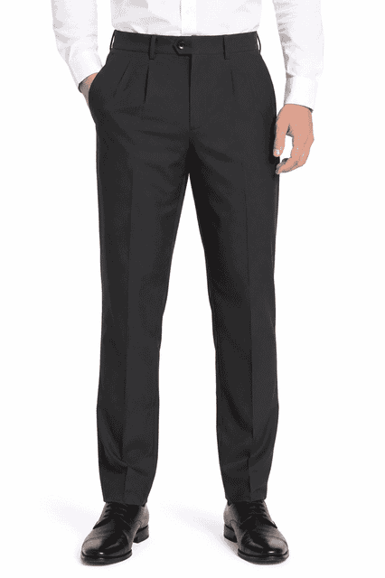 Black pleated men's pants, featuring a straight cut and pockets, paired with a white shirt and dress shoes.