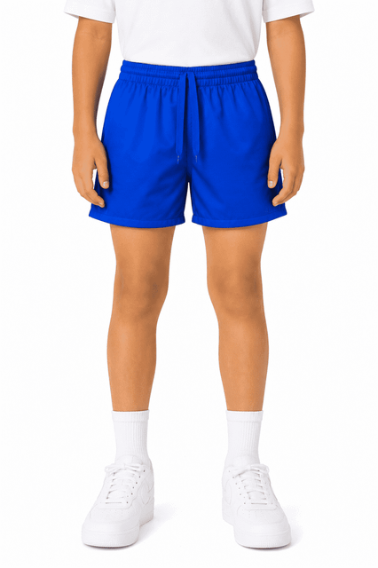 Bright blue shorts with an elastic waistband, designed for kids' rugby, featuring a logo.