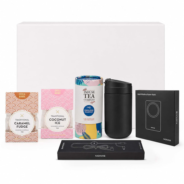 A drink bottle, tea canister, and assorted sweets in pink and black packaging, alongside a power bank, all in an unlabelled box.