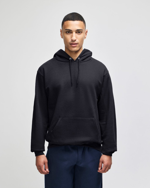 A black pullover hooded sweatshirt with a front pocket and an attached hood, featuring a logo.