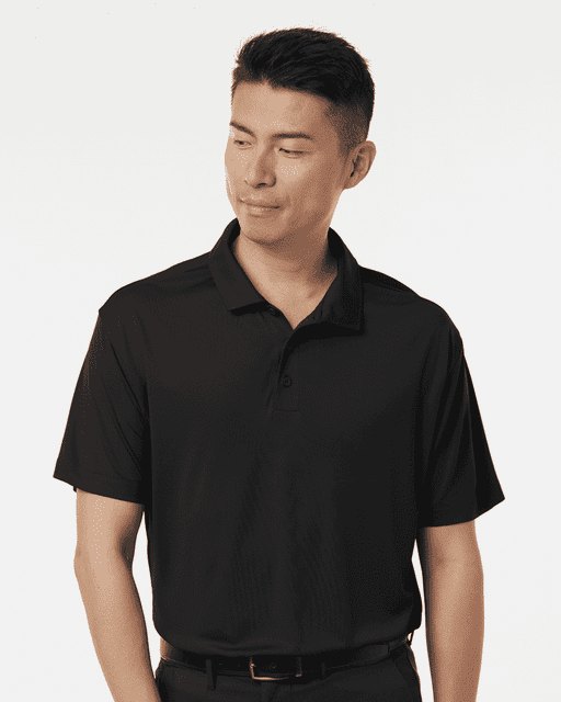 A black Men's Pro-Lock Performance Polo with a collared design and a branded logo.