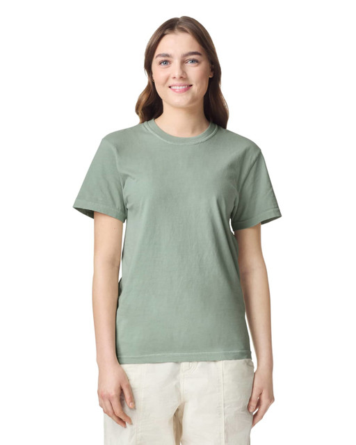 A lightweight, sage green adult heavyweight T-shirt with short sleeves and a plain design. Features a logo on the upper left.
