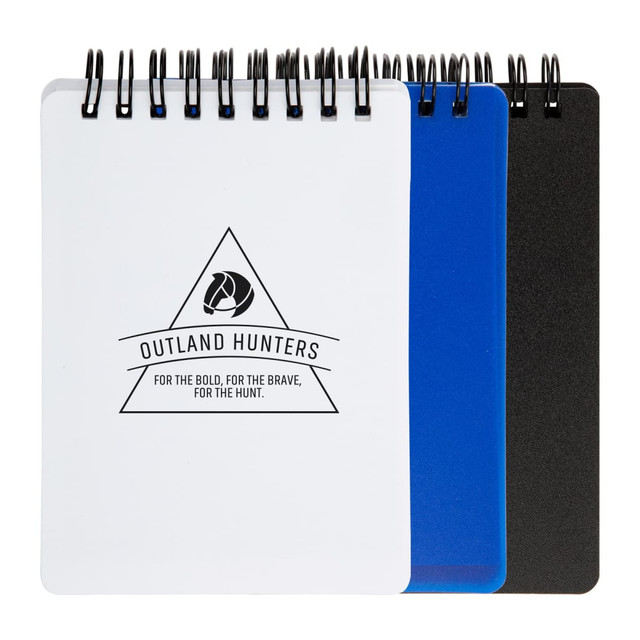 A set of three spiral-bound notebooks in white, blue, and black, featuring a logo on the white cover.
