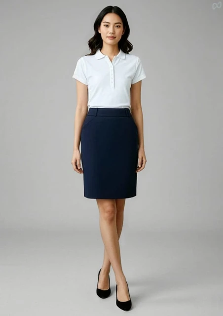 A fitted navy skirt paired with a white polo shirt, featuring a simple design and a branded logo.