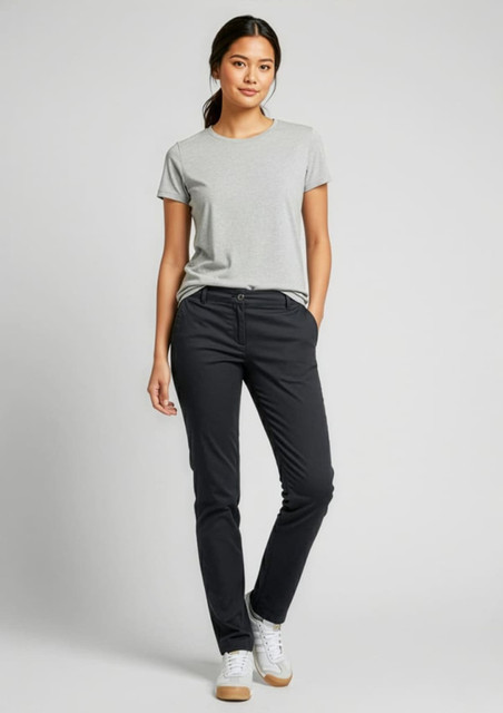A woman stands in black chino pants and a grey t-shirt, smiling with one hand in her pocket. The image includes a logo.