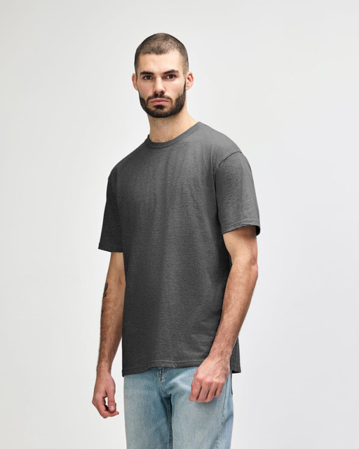 A midweight adult t-shirt in dark grey, featuring short sleeves and a relaxed fit. It has a logo on the front.