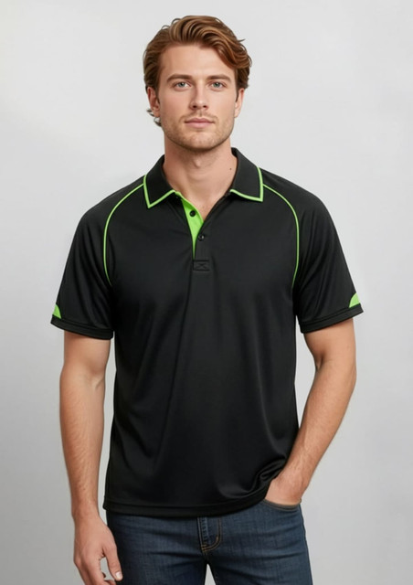A black short sleeve polo shirt featuring green accents and a logo.