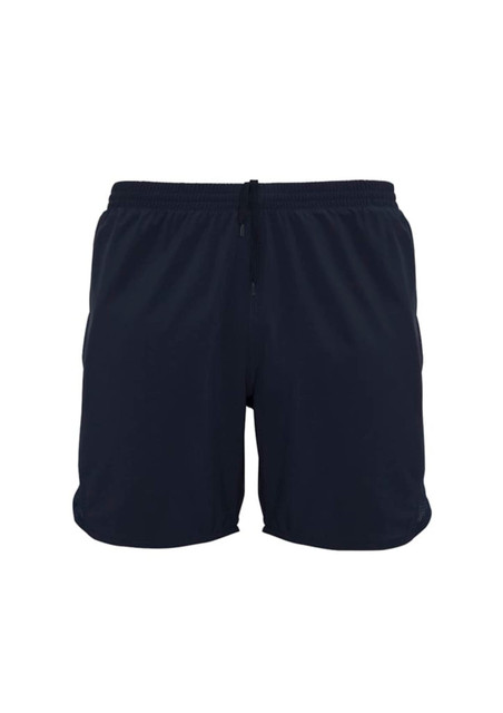 Navy blue sports shorts featuring an elastic waistband and a logo. Ideal for activewear and comfortable movement.