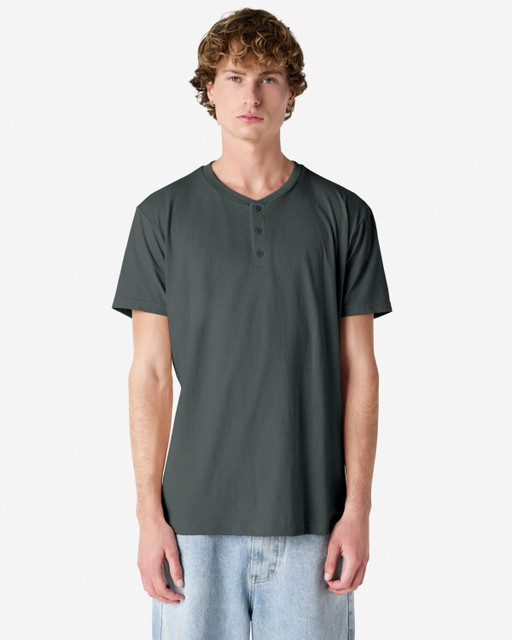 A unisex Henley T-shirt in a dark grey colour with a three-button placket and short sleeves. It features a logo.