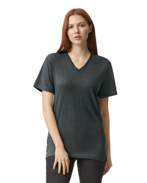 A unisex v-neck t-shirt in dark grey, featuring short sleeves and a logo on the front.