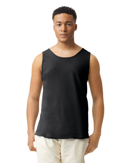 A black adult tank top displayed on a model. The tank has a crew neck and no sleeves, featuring a logo.