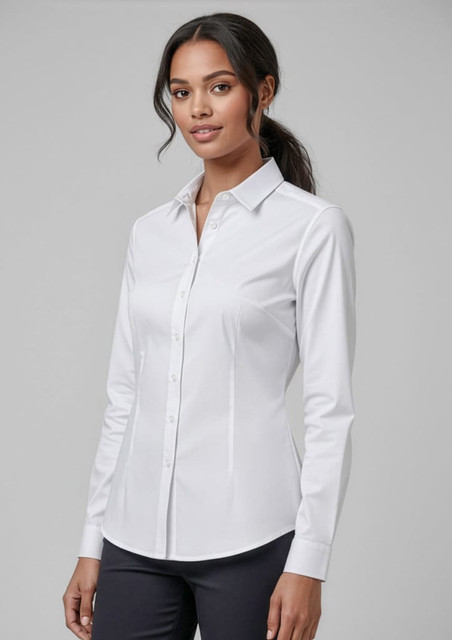 A white women's long sleeve button-up shirt displayed on a model, featuring a classic collar and a fitted silhouette.