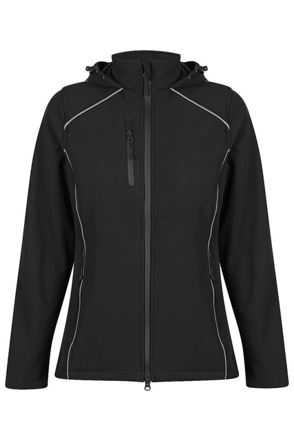 A black soft shell jacket with a hood, featuring zippered pockets and contrasting stitching. It has a logo.