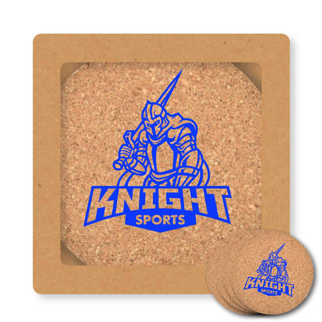 A set of four round cork coasters with a blue logo and design in a square cardboard packaging.