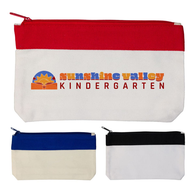 A collection of three pencil cases in red, blue, and black, featuring a logo on one case.